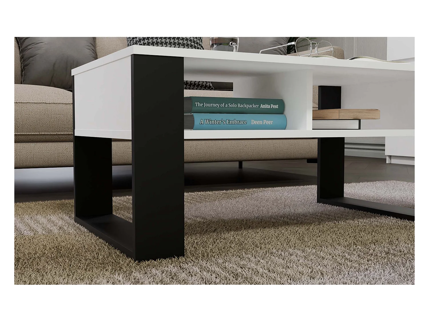 Ława Modern 2P | Biały Czarny| 90x58x50 cm | Stolik Kawowy Nowoczesny