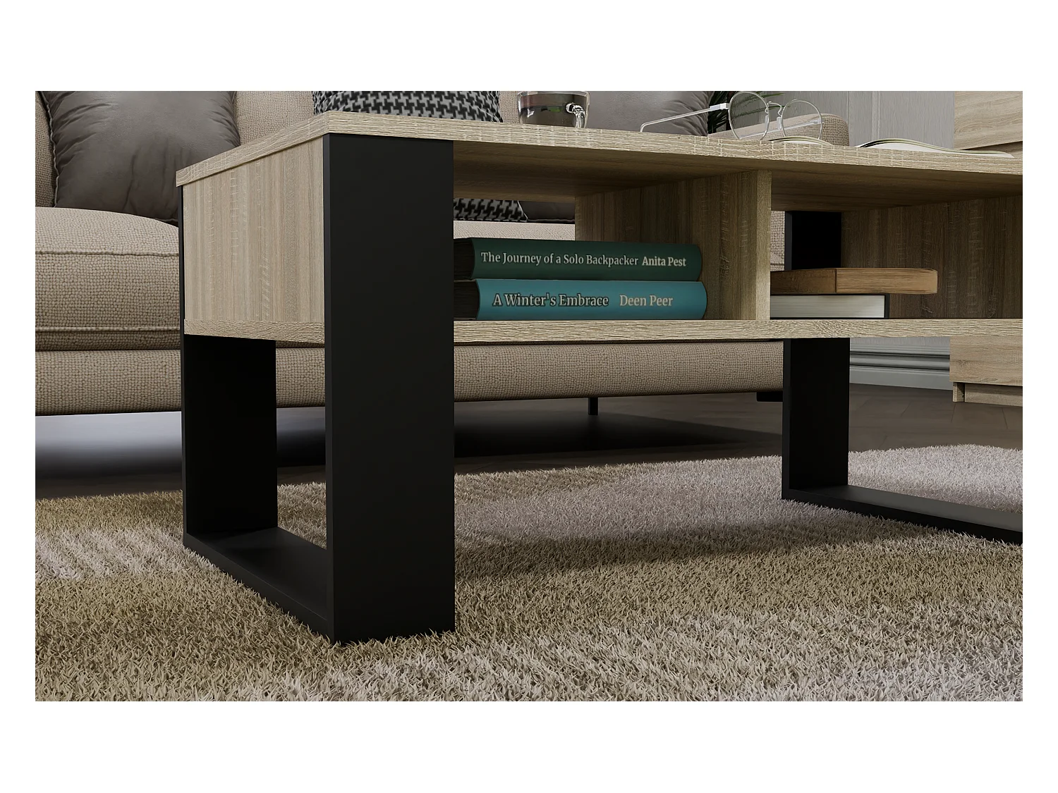 Ława Modern 2P | Dąb Sonoma Czarny| 90x58x50 cm |  Stolik Kawowy Nowoczesny