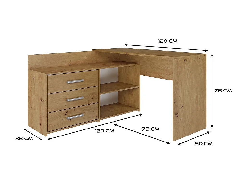Biurko DANY |Artisan | 120x50x76 | Narożne z 3 Szufladami