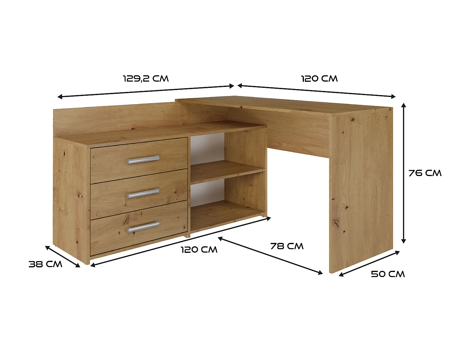 Biurko DANY |Artisan | 120x50x76 | Narożne z 3 Szufladami