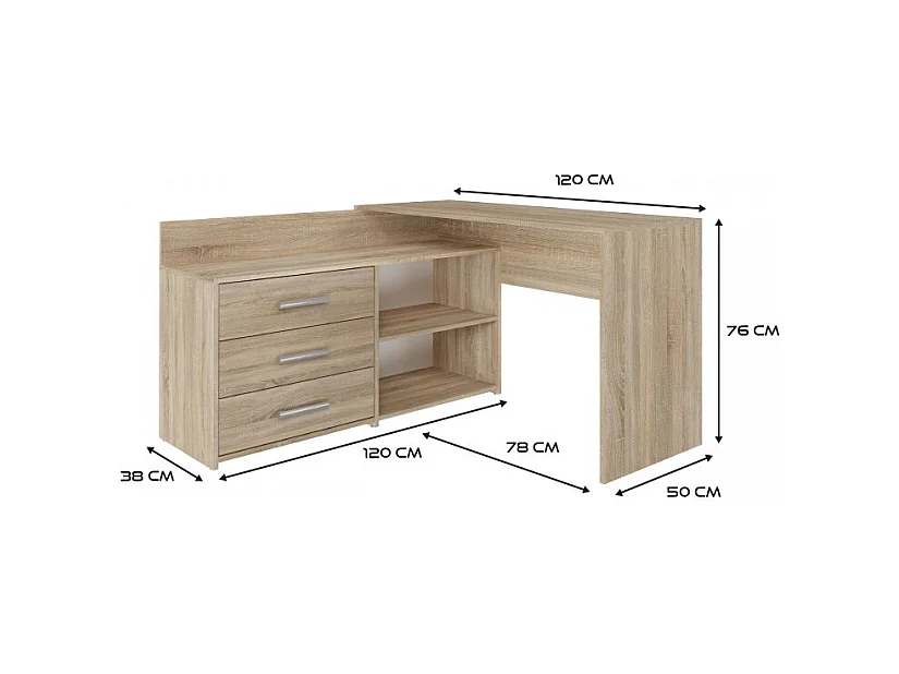 Biurko DANY |Dąb Sonoma | 120x50x76 cm |Narożne z 3 Szufladami