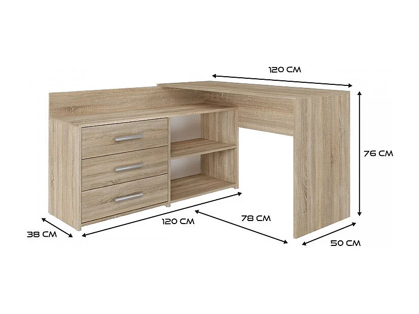 Biurko DANY |Dąb Sonoma | 120x50x76 cm |Narożne z 3 Szufladami