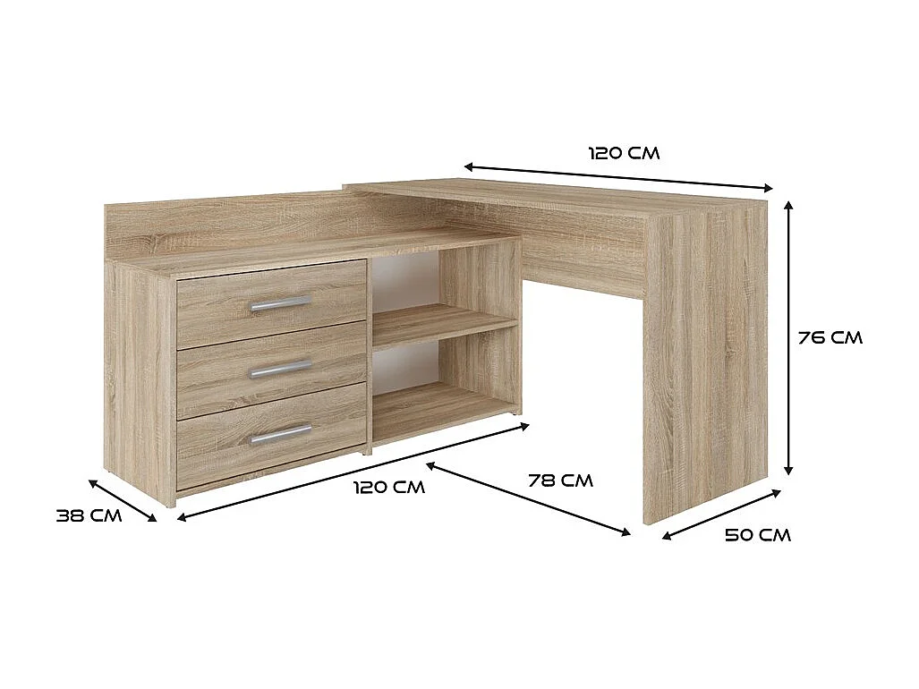 Biurko DANY |Dąb Sonoma | 120x50x76 cm |Narożne z 3 Szufladami