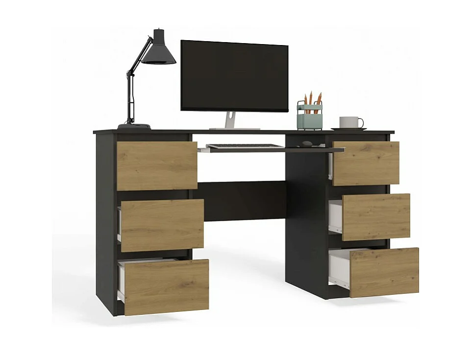 Biurko KUBA | Antracyt/Dąb Artisan | 130x51x76 | 6 Szuflad |Do Biura/ Pokoju