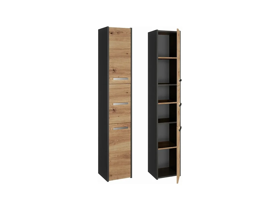 Szafka Łazienkowa SARA S33 | Antracyt/ Dąb Artisan | 30x30x170 cm | 3 Drzwi, Półki