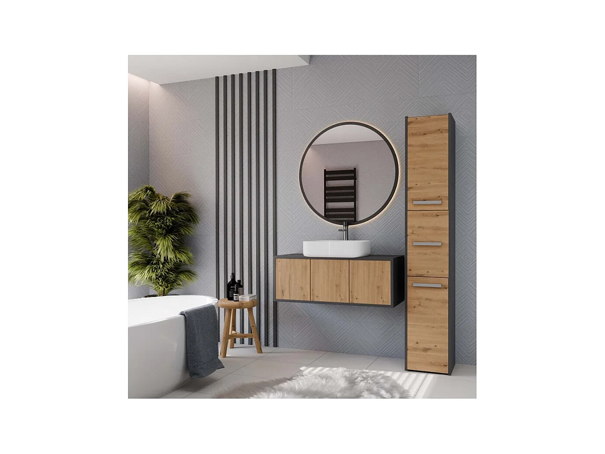 Szafka Łazienkowa SARA S33 | Antracyt/ Dąb Artisan | 30x30x170 cm | 3 Drzwi, Półki