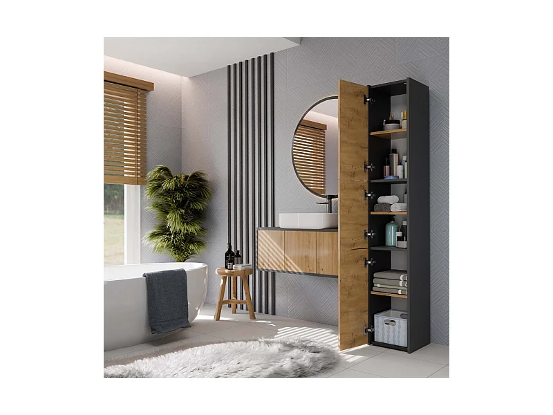 Szafka Łazienkowa SARA S33 | Antracyt/ Dąb Artisan | 30x30x170 cm | 3 Drzwi, Półki