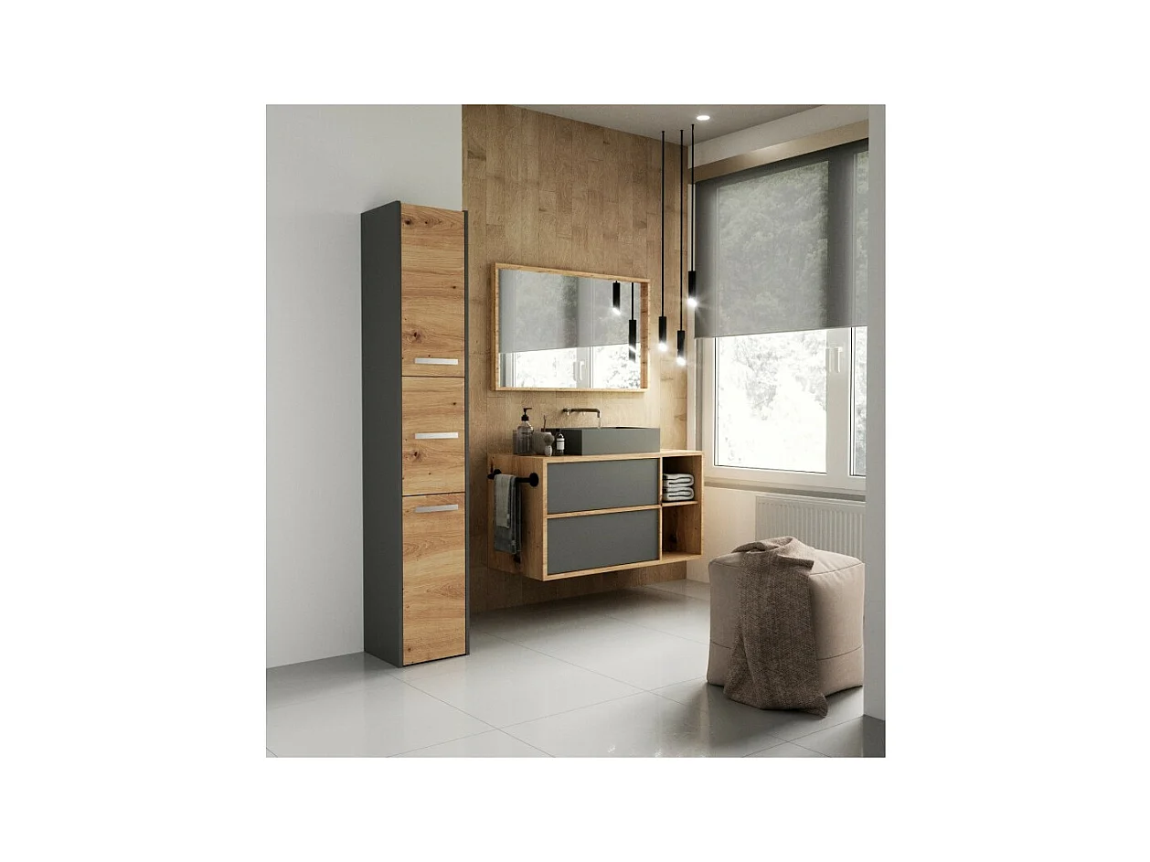 Szafka Łazienkowa SARA S33 | Antracyt/ Dąb Artisan | 30x30x170 cm | 3 Drzwi, Półki