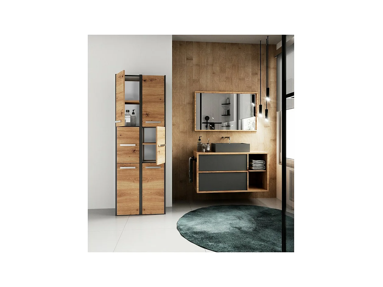 Szafka Łazienkowa SARA S33 | Antracyt/ Dąb Artisan | 30x30x170 cm | 3 Drzwi, Półki