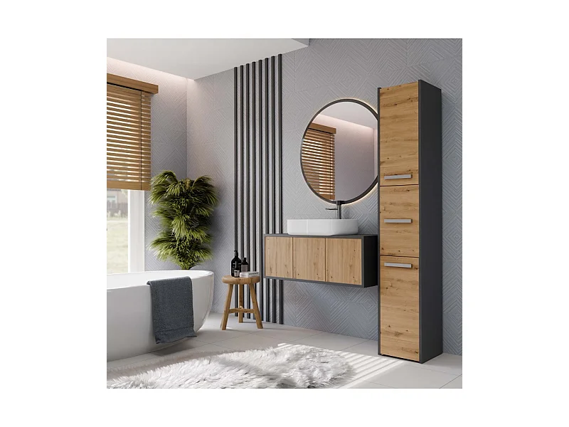 Szafka Łazienkowa SARA S33 | Antracyt/ Dąb Artisan | 30x30x170 cm | 3 Drzwi, Półki