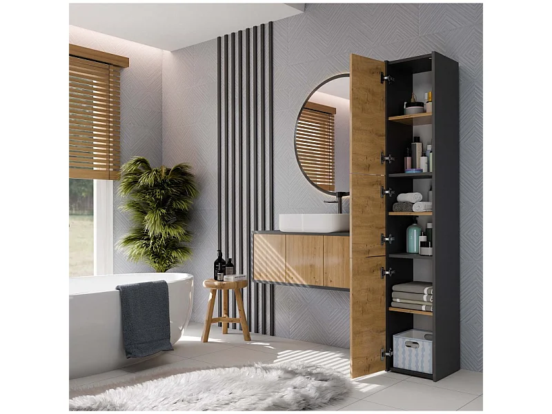 Szafka Łazienkowa SARA S33 | Antracyt/ Dąb Artisan | 30x30x170 cm | 3 Drzwi, Półki