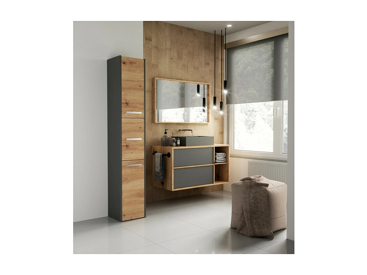 Szafka Łazienkowa SARA S33 | Antracyt/ Dąb Artisan | 30x30x170 cm | 3 Drzwi, Półki