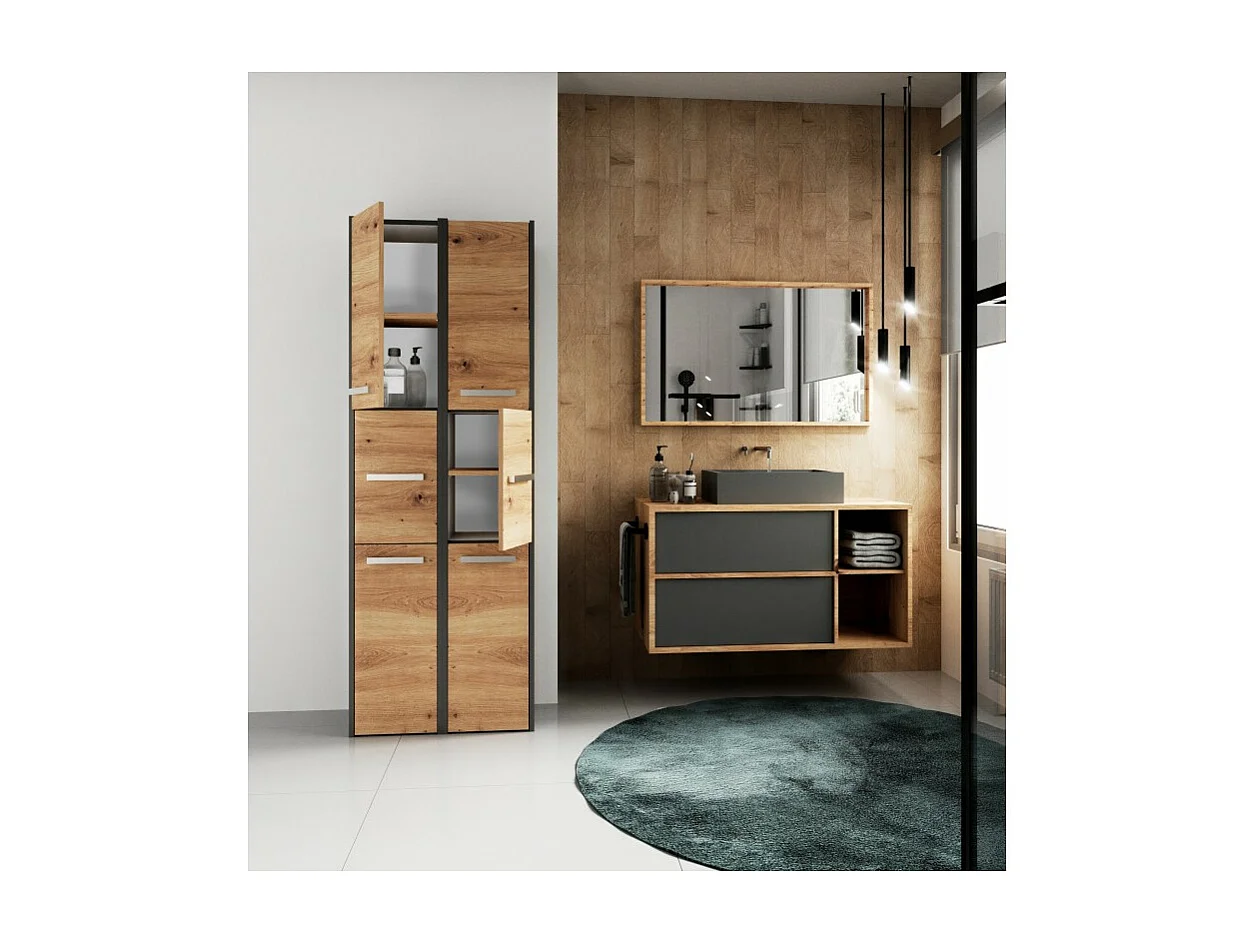 Szafka Łazienkowa SARA S33 | Antracyt/ Dąb Artisan | 30x30x170 cm | 3 Drzwi, Półki
