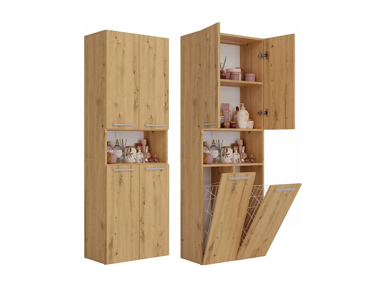 Słupek Łazienkowy Nel 2K DK | Dąb Artisan | 60x30x174 cm | Szafka Regał 3 Półki 2 Kosze