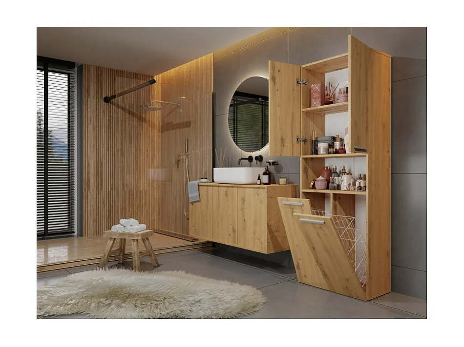 Słupek Łazienkowy Nel 2K DK | Dąb Artisan | 60x30x174 cm | Szafka Regał 3 Półki 2 Kosze