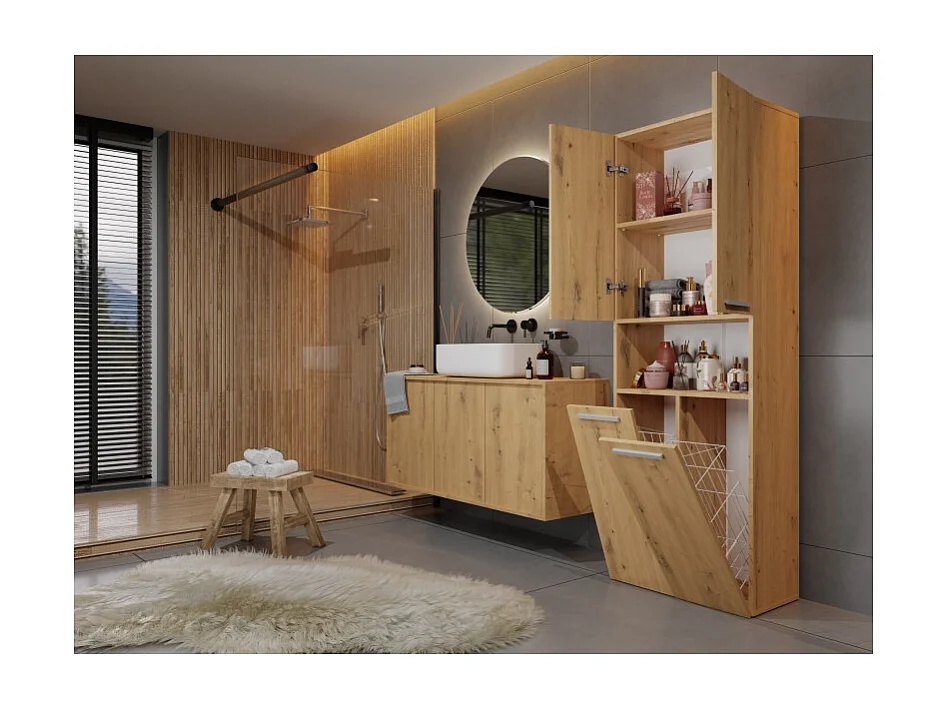 Słupek Łazienkowy Nel 2K DK | Dąb Artisan | 60x30x174 cm | Szafka Regał 3 Półki 2 Kosze