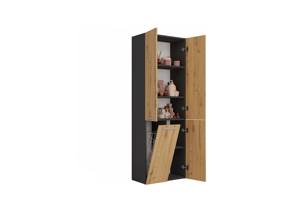 Słupek Łazienkowy Nel 1K DD |  Antracyt/Dąb Artisan | 60x30x174 cm | Szafa/Regał, Półki