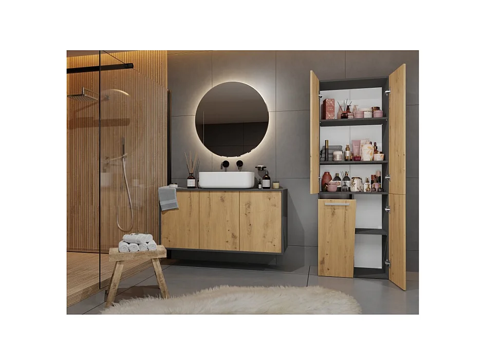 Słupek Łazienkowy Nel 1K DD |  Antracyt/Dąb Artisan | 60x30x174 cm | Szafa/Regał, Półki