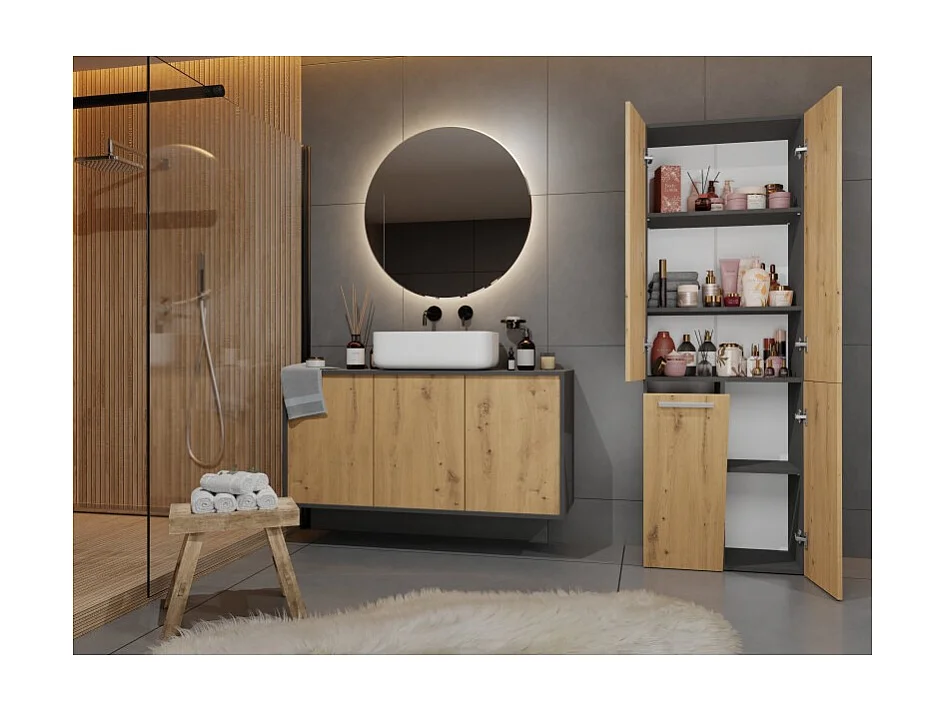 Słupek Łazienkowy Nel 1K DD |  Antracyt/Dąb Artisan | 60x30x174 cm | Szafa/Regał, Półki
