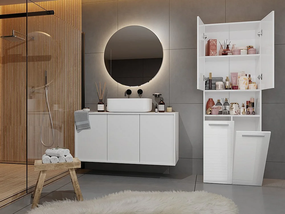 Szafka Łazienkowa Nel | Biały Połysk | 30x60x174 cm | Słupek Łazienkowy