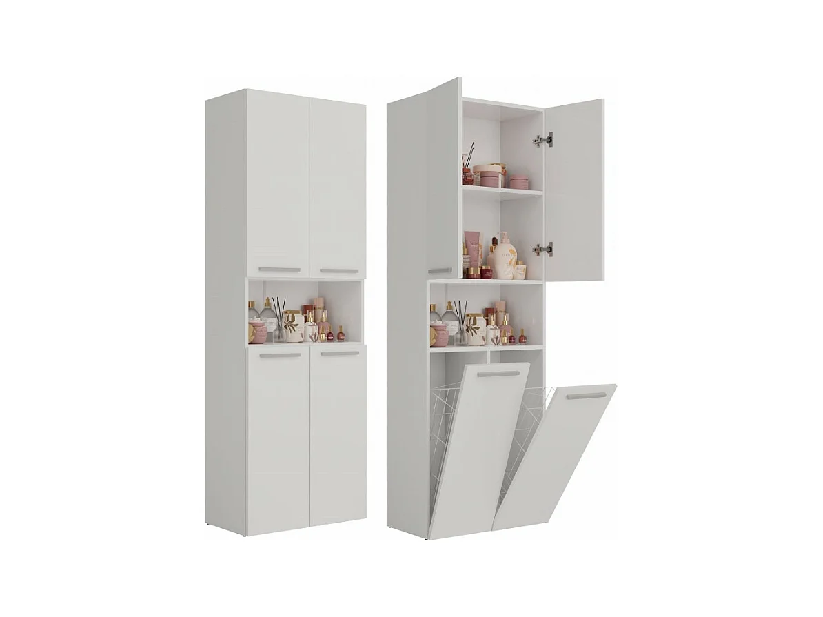 Słupek Łazienkowy Nel 2K DK | Biały | 60x30x174 cm | Szafka Regał 3 Półki 2 Kosze