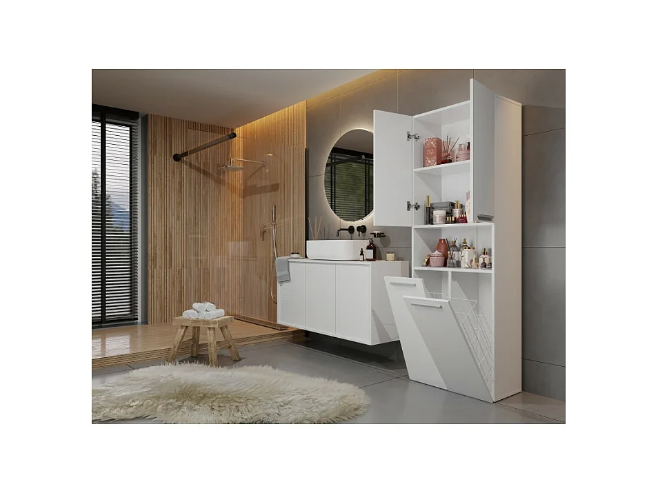 Słupek Łazienkowy Nel 2K DK | Biały | 60x30x174 cm | Szafka Regał 3 Półki 2 Kosze