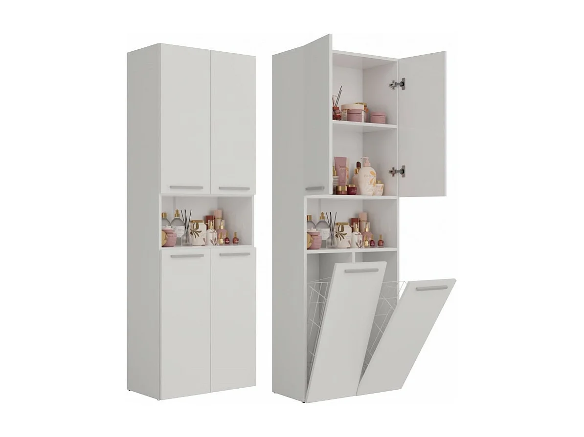 Słupek Łazienkowy Nel 2K DK | Biały | 60x30x174 cm | Szafka Regał 3 Półki 2 Kosze