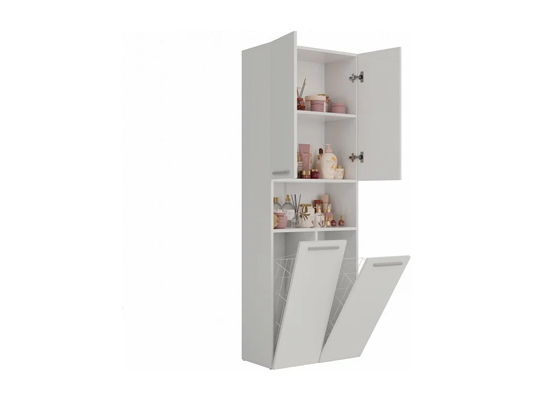 Słupek Łazienkowy Nel 2K DK | Biały | 60x30x174 cm | Szafka Regał 3 Półki 2 Kosze