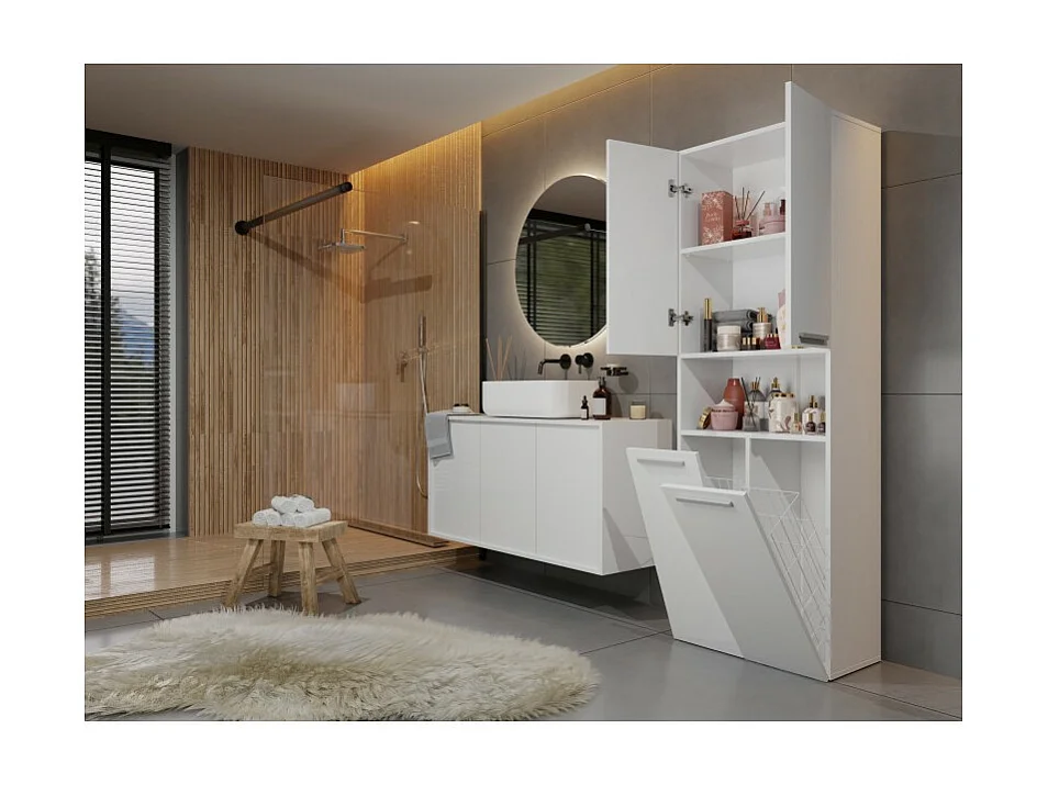 Słupek Łazienkowy Nel 2K DK | Biały | 60x30x174 cm | Szafka Regał 3 Półki 2 Kosze