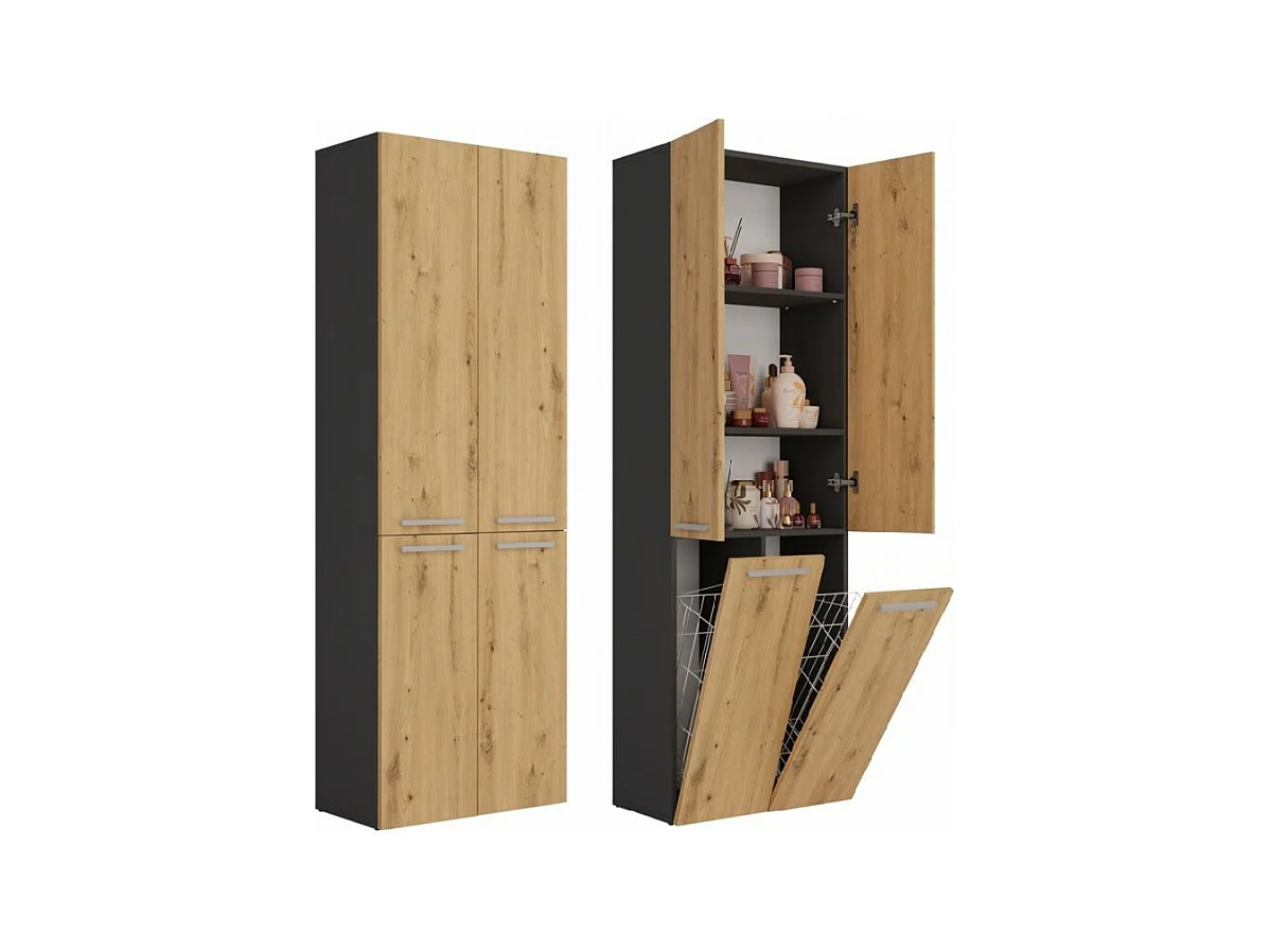 Słupek łazienkowy NEL 2K DD | Antracyt/Dąb Artisan | 60x30x174 cm | Regał, Półki