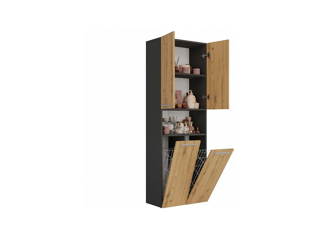 Słupek Łazienkowy Nel 2K DK | Antracyt/ Dąb Artisan | 60x30x174 cm | Szafka Regał 3 Półki 2 Kosze
