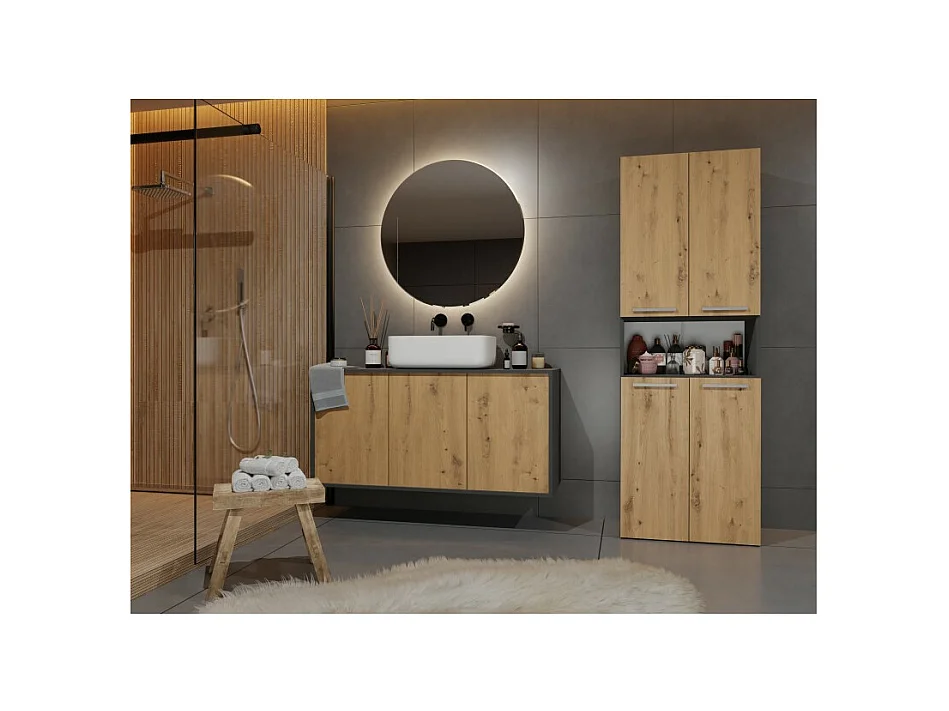 Słupek Łazienkowy Nel 2K DK | Antracyt/ Dąb Artisan | 60x30x174 cm | Szafka Regał 3 Półki 2 Kosze