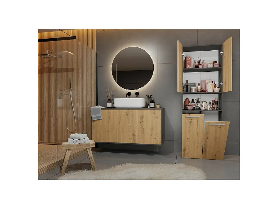 Słupek Łazienkowy Nel 2K DK | Antracyt/ Dąb Artisan | 60x30x174 cm | Szafka Regał 3 Półki 2 Kosze