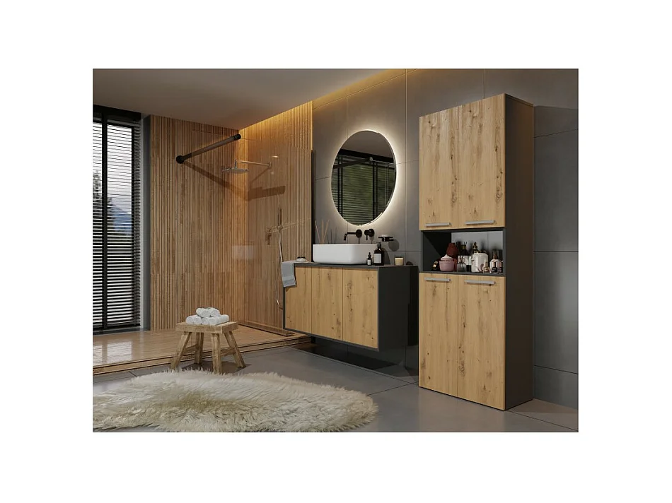 Słupek Łazienkowy Nel 2K DK | Antracyt/ Dąb Artisan | 60x30x174 cm | Szafka Regał 3 Półki 2 Kosze