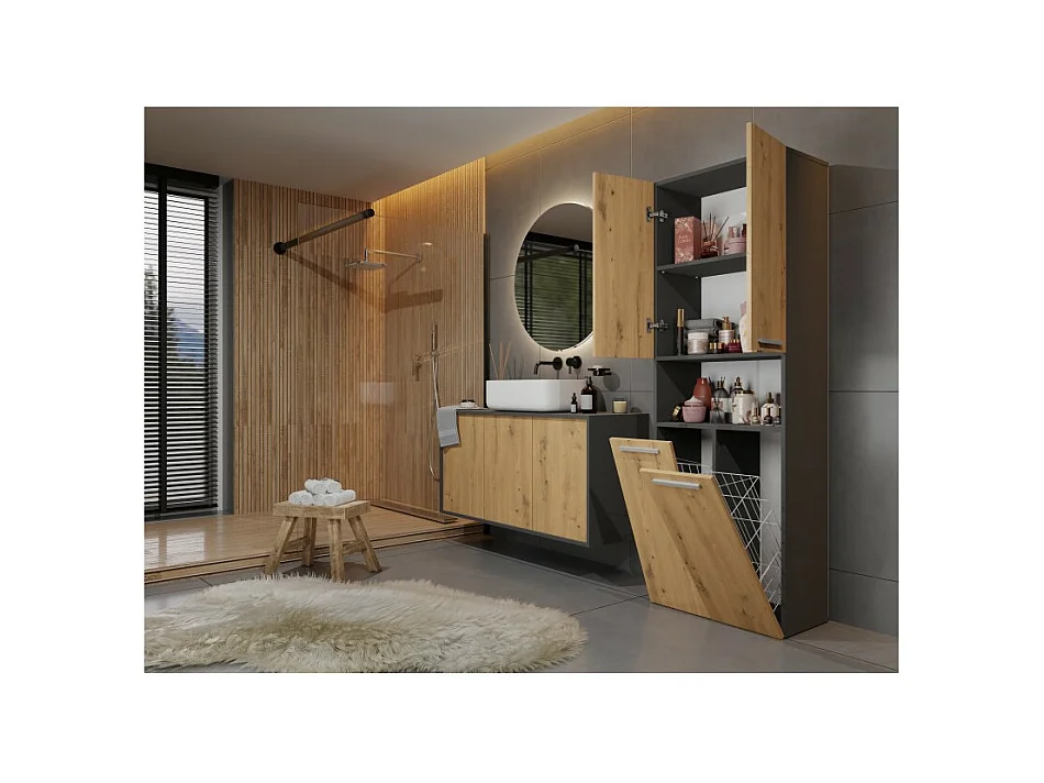 Słupek Łazienkowy Nel 2K DK | Antracyt/ Dąb Artisan | 60x30x174 cm | Szafka Regał 3 Półki 2 Kosze