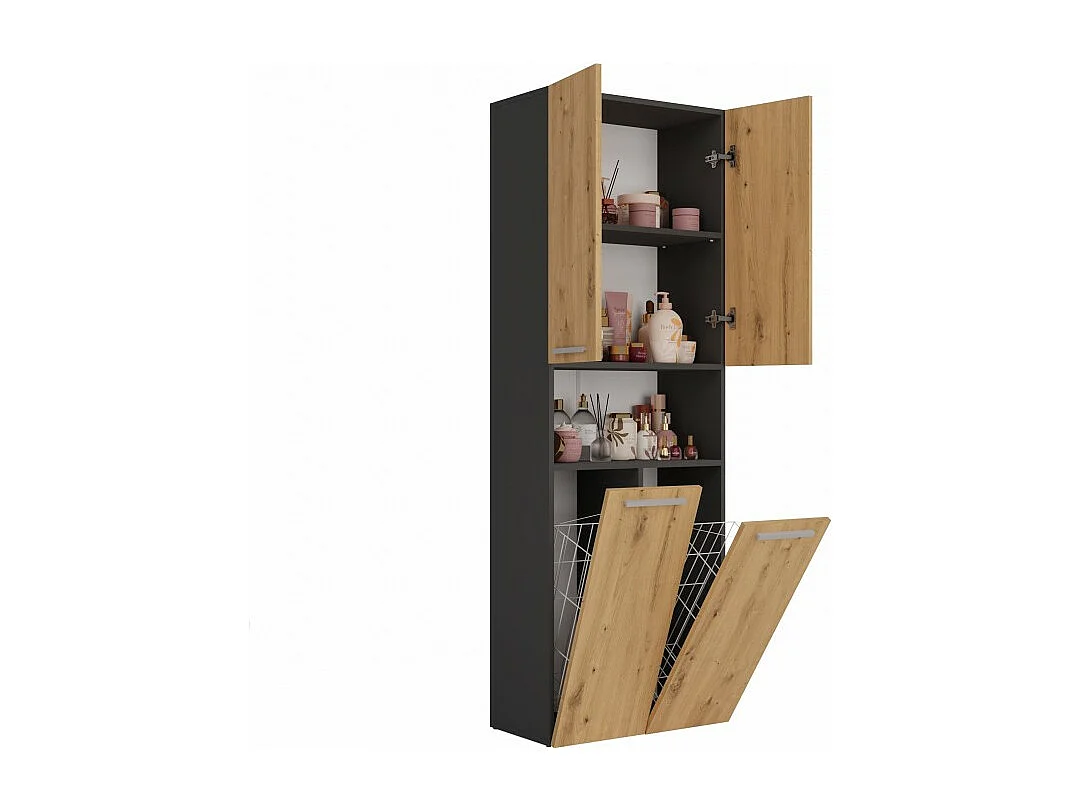 Słupek Łazienkowy Nel 2K DK | Antracyt/ Dąb Artisan | 60x30x174 cm | Szafka Regał 3 Półki 2 Kosze