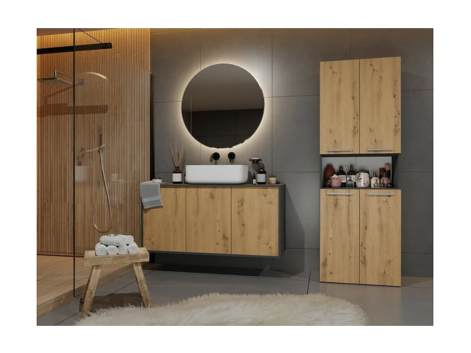 Słupek Łazienkowy Nel 2K DK | Antracyt/ Dąb Artisan | 60x30x174 cm | Szafka Regał 3 Półki 2 Kosze