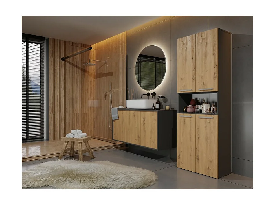 Słupek Łazienkowy Nel 2K DK | Antracyt/ Dąb Artisan | 60x30x174 cm | Szafka Regał 3 Półki 2 Kosze