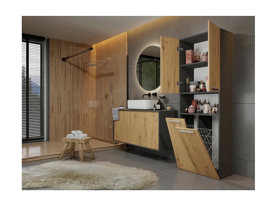 Słupek Łazienkowy Nel 2K DK | Antracyt/ Dąb Artisan | 60x30x174 cm | Szafka Regał 3 Półki 2 Kosze