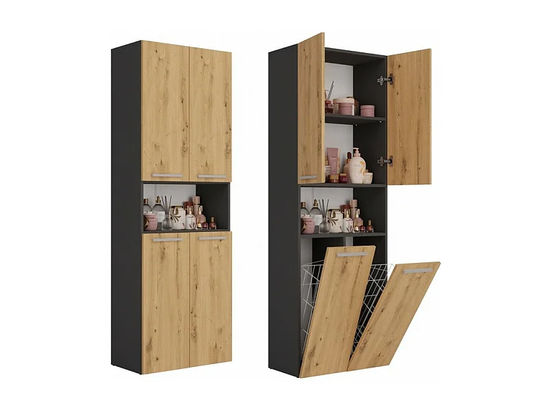 Słupek Łazienkowy Nel 2K DK | Antracyt/ Dąb Artisan | 60x30x174 cm | Szafka Regał 3 Półki 2 Kosze