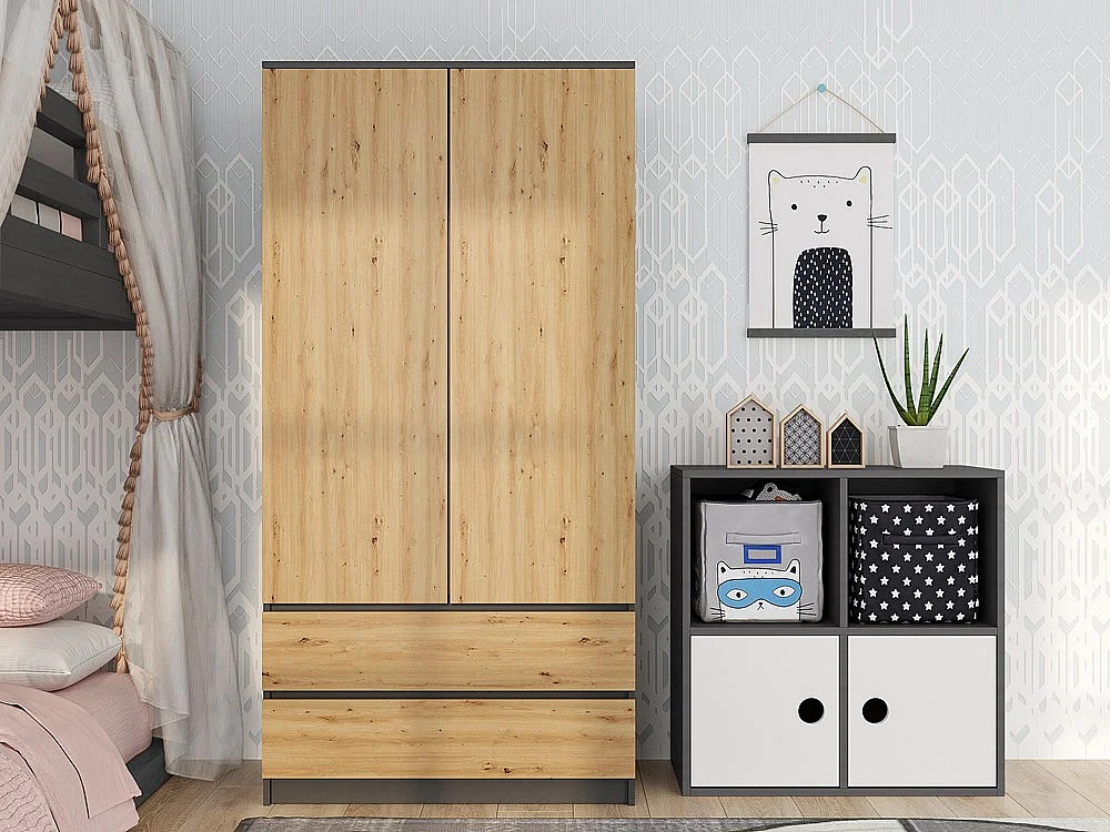 Szafa Malwa SS-90 |  Antracyt/Dąb Artisan  | 90x50x180 cm | Nowoczesna Szafa Dwudrzwiowa