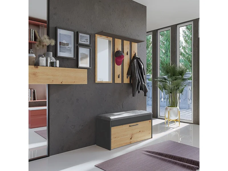 Wieszak Parma | Antracyt/Dąb Artisan | 100x15x81,5 cm | Lustro i Wieszaki