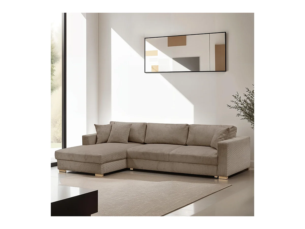 Canapé d'angle à gauche convertible 5 places en velours côtelé taupe - Robin