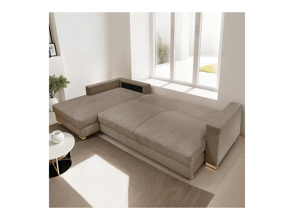 Canapé d'angle à gauche convertible 5 places en velours côtelé taupe - Robin