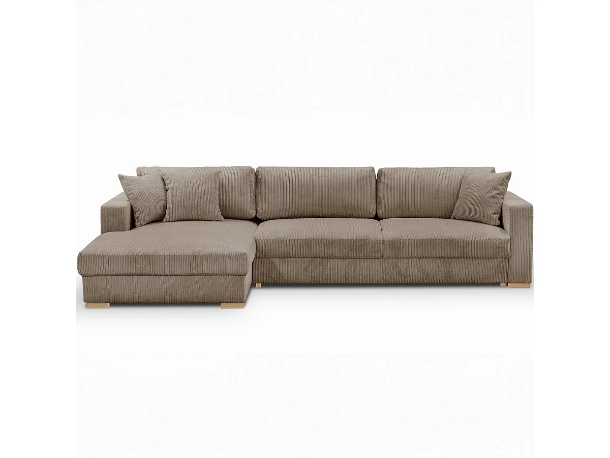 Canapé d'angle à gauche convertible 5 places en velours côtelé taupe - Robin