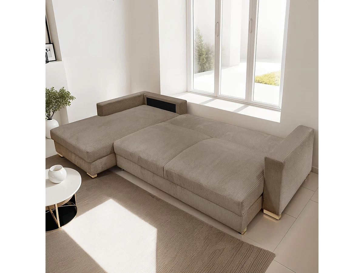 Canapé d'angle à gauche convertible 5 places en velours côtelé taupe - Robin