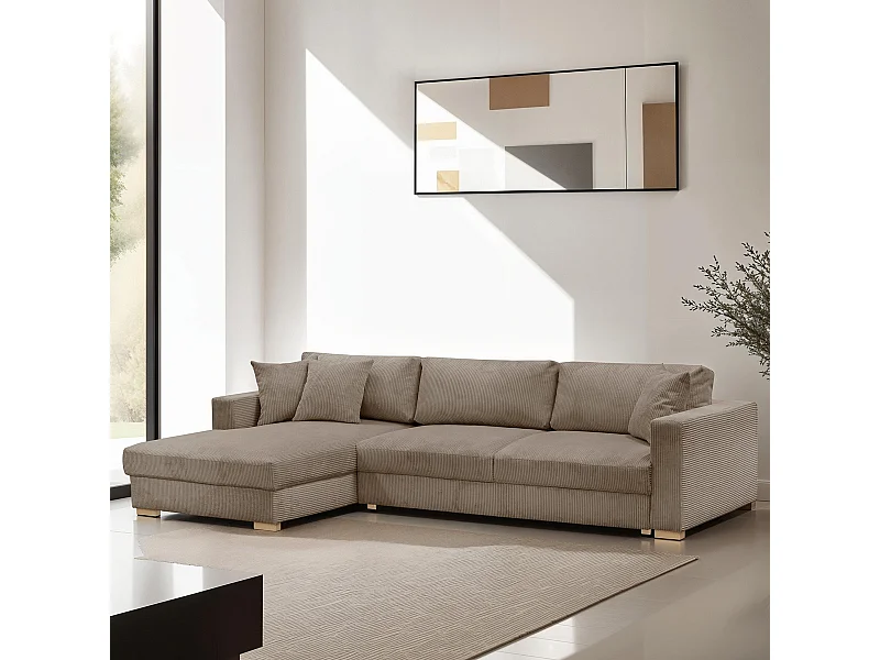 Canapé d'angle à gauche convertible 5 places en velours côtelé taupe - Robin