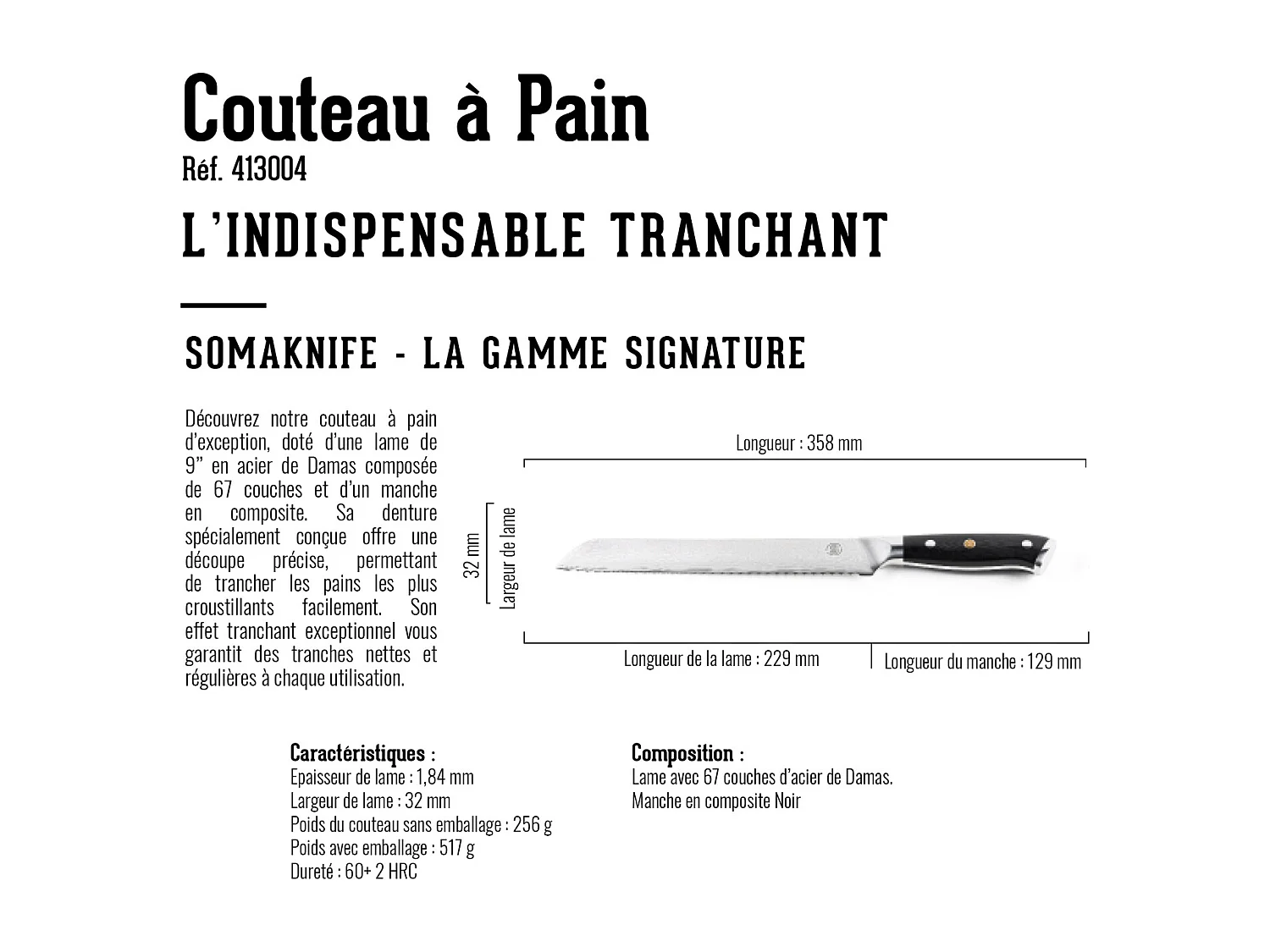 Cuchillo para pan de 9 pulgadas, gama Signature - SOMAGIC