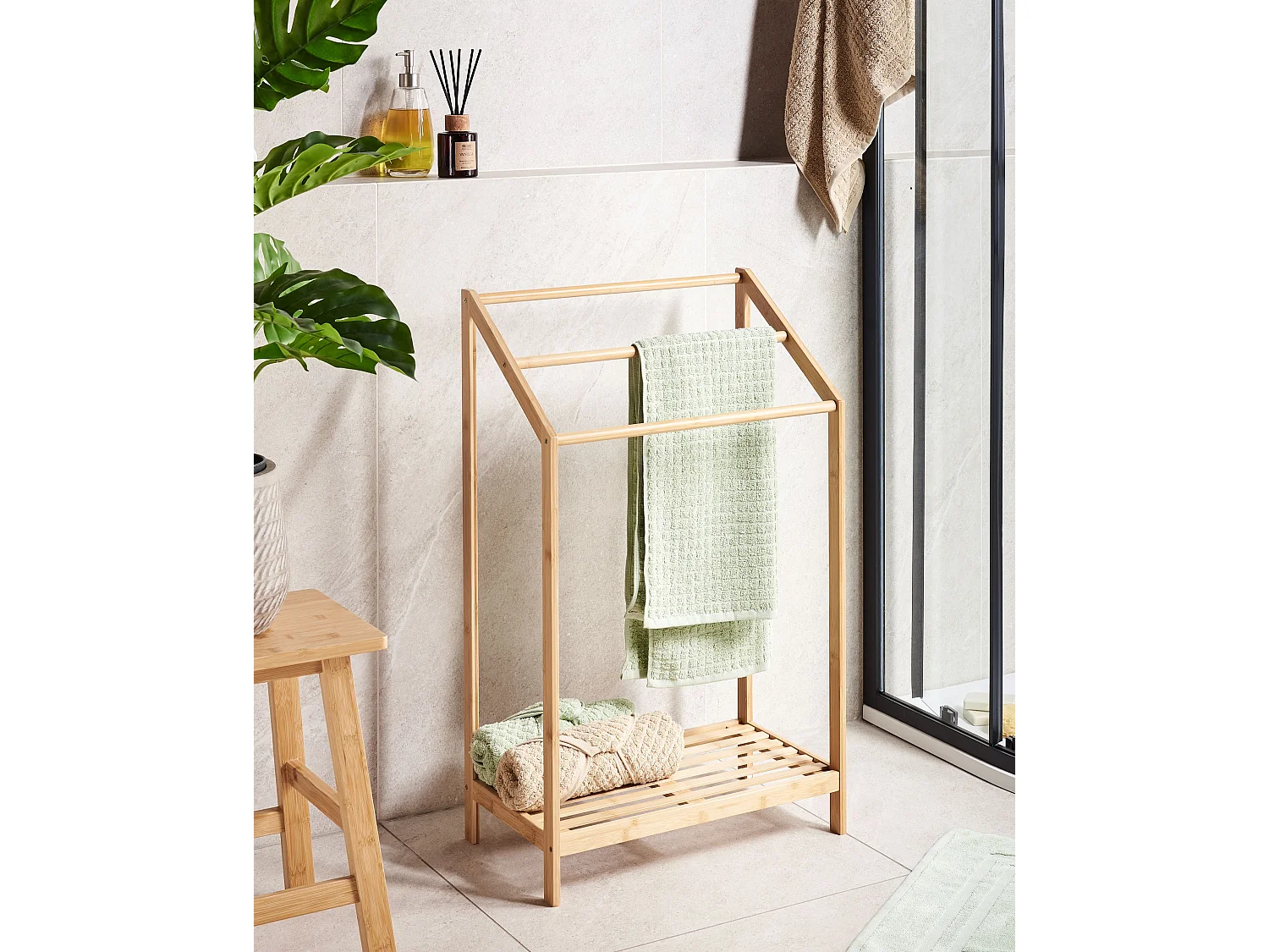 Towel Stand with Shelf YUNGAS Bamboo Light Brown