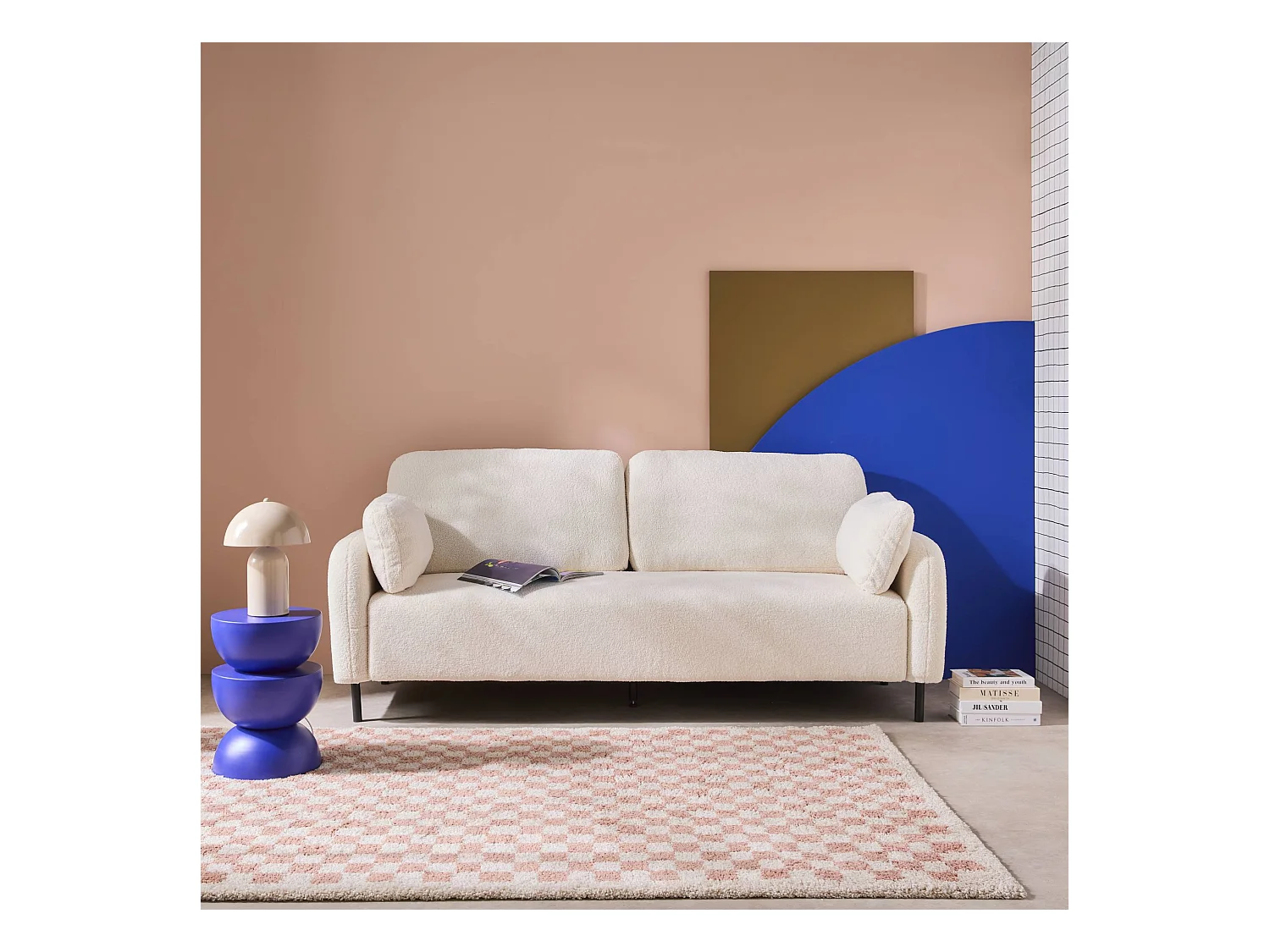 Divano 3 posti bouclé e struttura metallica, crema